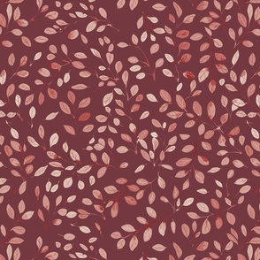 flying falling leaves in shades of  red and pink on dark red / burgundy - medium scale