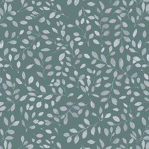 flying falling leaves in shades of  an neutral silver grey on green - medium scale