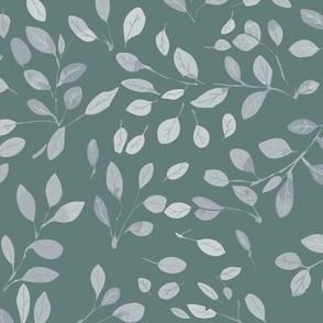 flying falling leaves in shades of  an neutral silver grey on green - large scale