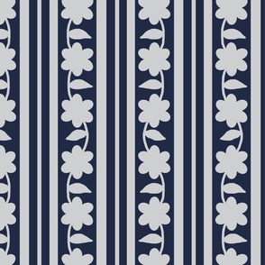 Navy Blue Gray Floral Stripes 