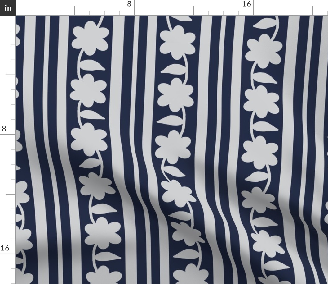 Navy Blue Gray Floral Stripes 