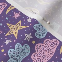 Stars, moon and clouds. Cute night sky for kids. Purple and pink colors - Small scale