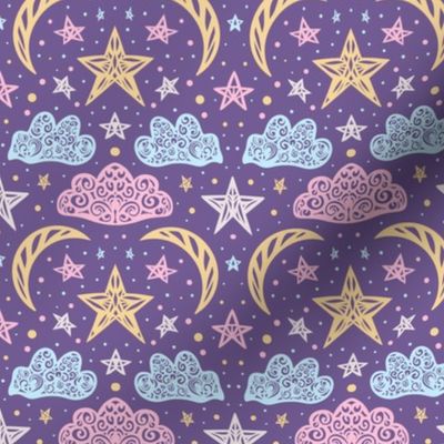 Stars, moon and clouds. Cute night sky for kids. Purple and pink colors - Small scale