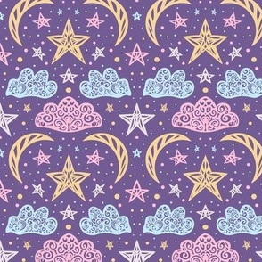 Stars, moon and clouds. Cute night sky for kids. Purple and pink colors - Small scale