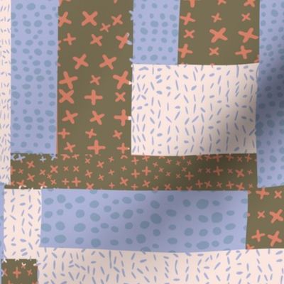 Faux Patchwork quilt: Dotted & Lined Fusion- khaki, blue and peach