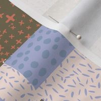 Faux Patchwork quilt: Dotted & Lined Fusion- khaki, blue and peach