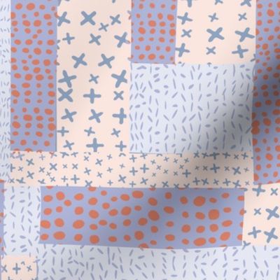 Faux Patchwork quilt: Dotted & Lined Fusion- light blue, peach and red