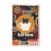 Kit-Tea Towel _ Vintage Mid Mod Cat and Tea_Black- Christmas Kitty- Holiday Cats- Mid Century Modern Kitten- Retro Cats