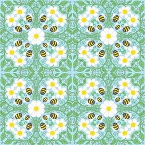 Bees and daisies trellis on turquoise