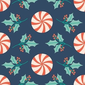 Vintage Peppermint Candies and Holly and Berries - Navy Blue - Larger Scale 