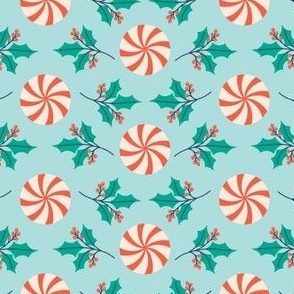 Vintage Peppermint Candies and Holly and Berries - Sky Blue