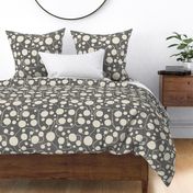 Large Fluid Bubble Polka Dots Block Print in Cool Grey on Antique Cream