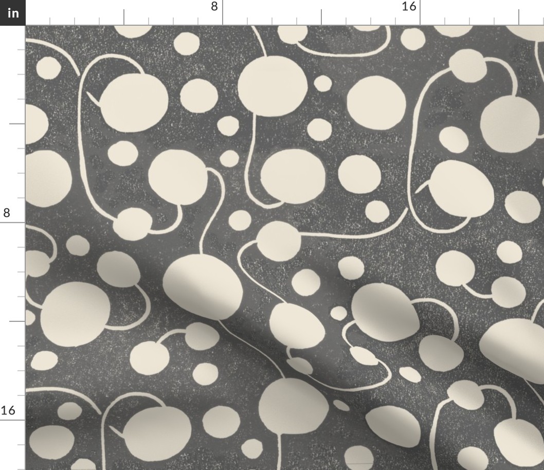 Large Fluid Bubble Polka Dots Block Print in Cool Grey on Antique Cream