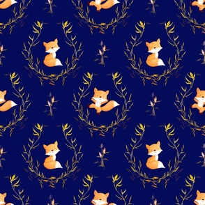 Cute and playful leaf wreath foxes dancing in yellow orange on dark blue
