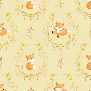 Cute and playful leaf wreath foxes dancing in yellow orange on light mustard
