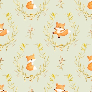 Cute and playful leaf wreath foxes dancing in yellow orange on light moss green
