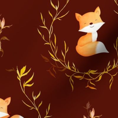Cute watercolor wreath foxes dancing for boy nursery orange red on burgundy  