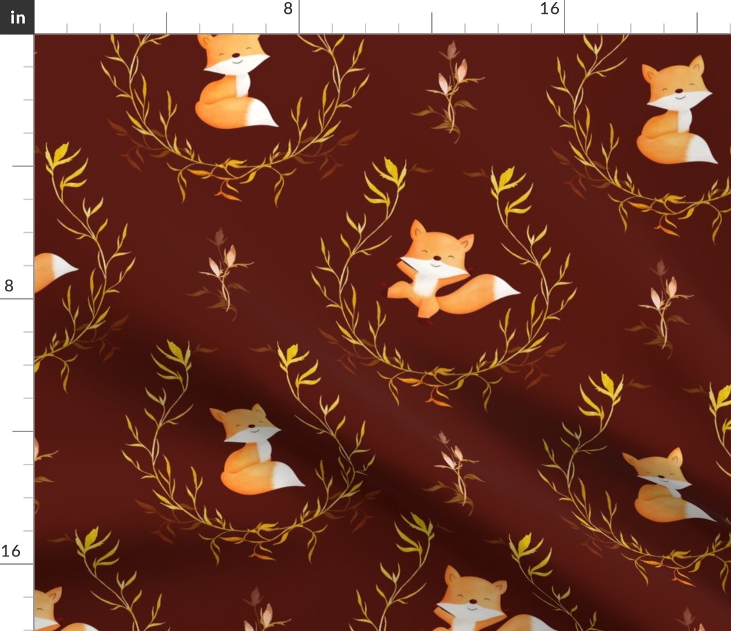 Cute watercolor wreath foxes dancing for boy nursery orange red on burgundy  