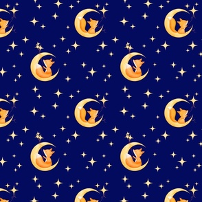 Cute watercolor moon foxes for baby nursery yellow orange on dark night blue for wallpaper