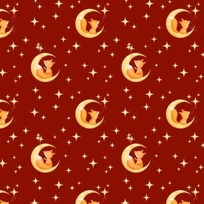 Cute watercolor moon foxes for baby nursery yellow orange on burgundy red for wallpaper