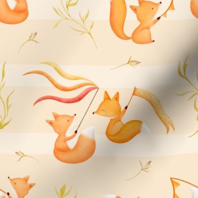 Cute watercolor play time baby foxes orange red on cream with light stripes 