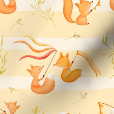 Cute watercolor play time baby foxes orange red on apricot with light stripes 