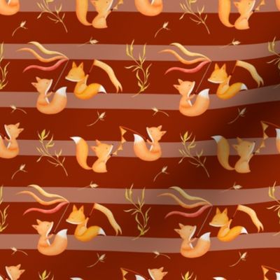 Cute watercolor play time baby foxes orange red on burgundy with light stripes 