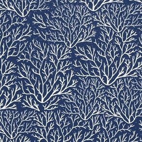 [M] Navy Coral Reef - Coastal Chic Hamptons Under the Sea - Warm Ivory White on Navy Blue