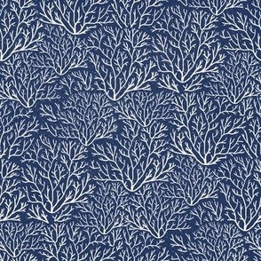 [S] Navy Coral Reef - Coastal Chic Hamptons Under the Sea - Warm Ivory White on Navy Blue