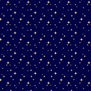 Tossed whimsical watercolor Christmas stars orange yellow on dark night blue