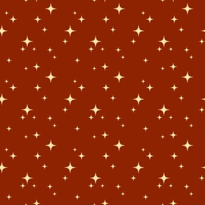 Tossed whimsical watercolor Christmas stars orange yellow on burgundy red 