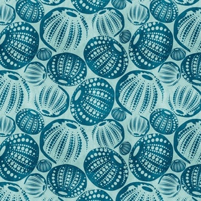 Ocean Harmony- Sea Urchin Shells- Deep Sea Blue on Misty Turquoise- Regular Scale