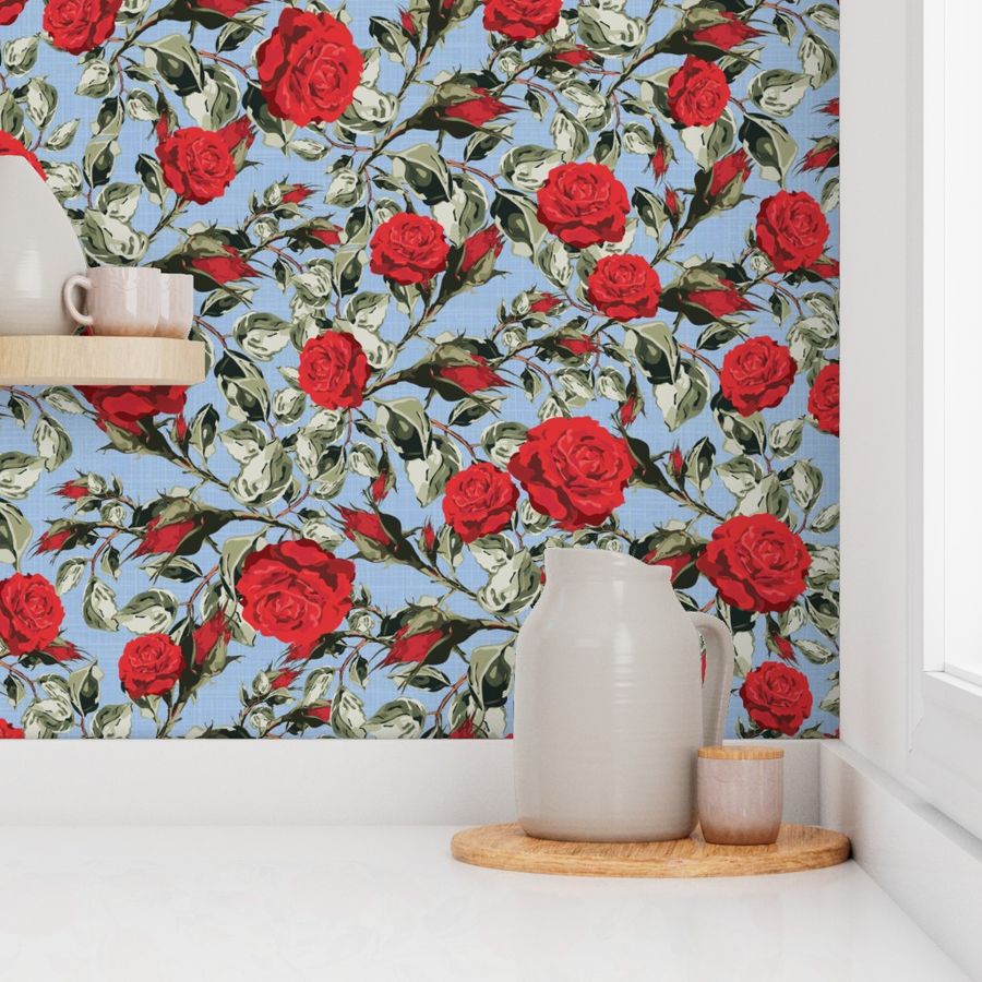 Red Roses Floral Pattern, Gardeners Botanic Rose Garden, Wild Cottage Garden Leafy Green Plants, Summer Blooms on Sky Blue Linen Texture