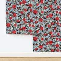 Red Roses Floral Pattern, Gardeners Botanic Rose Garden, Wild Cottage Garden Leafy Green Plants, Summer Blooms on Sky Blue Linen Texture