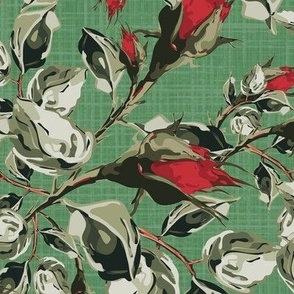 Red and Green Roses Floral Pattern, Flower Lovers Botanic Rose Garden, Wild Cottage Garden Leafy Green Plants, Summer Rosebuds on Sage Green Texture (Large Scale)