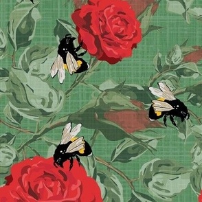 Rose Garden Bee Pollinator Natures Insects, Garden Bumblebee on Roses Flowers, Summer Floral Leafy Foliage in Red Yellow Black White on Botanical Green Linen Texture Background