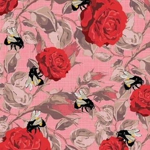 Artistic Flowers Rose Garden, summer garden Bee Pollinator Garden Bumblebee on Rose Flowers, Summer Floral Roses Buds with Leafy Foliage in Red Yellow Black White on Botanical Pink Linen Texture Background,