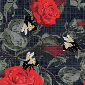 Beautiful Roses Floral Print Midnight Blue, Painterly Flowers Rose Garden, Bee Pollinators, Flying Bumblebee Insect, Summer Buds with Leafy Green Foliage, Yellow Black White on Botanical Linen Texture Background
