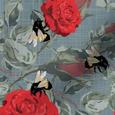Flowers and Bee Illustration, Red Rose Flowers and Leaves Floral, Elegant Cottage Garden Bee Pattern, Hand Drawn Summer Botanical Bumblebee on Roses, Flying Insect on Beautiful Blue Gray Linen Texture Background
