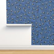 Monochrome Blue Flower Home Decor Summer Bee Pattern, Traditional Farmhouse Floral, Flying Bumblebees, Bees and Flowers Illustration on Linen Texture Background