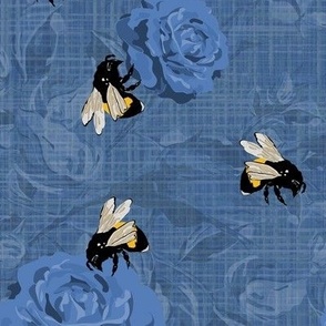 Monochrome Blue Flower Home Decor Summer Bee Pattern, Traditional Farmhouse Floral, Flying Bumblebees, Bees and Flowers Illustration on Linen Texture Background