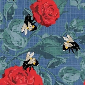  Bold Blue and red Busy Bees and Flowers Floral Pattern, Traditional Farmhouse Red Roses Rose Buds Garden Flowers, Flying Yellow Bumblebee, Hand Drawn Summer Living Vibe