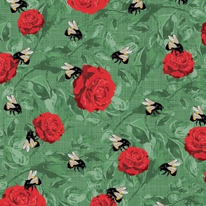 Red Summer Floral Nature's Palette, Farmhouse Cottage Rose Garden, Flowers and Bees Illustration, Red Roses, Rose Buds and Green Foliage, Hand Drawn Summer Bee Pattern, Botanical Bumblebee Flying Insect on Gorgeous Green Linen Texture Background
