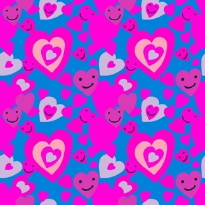 Kawaii Pink Smiling Hearts with Blue Background
