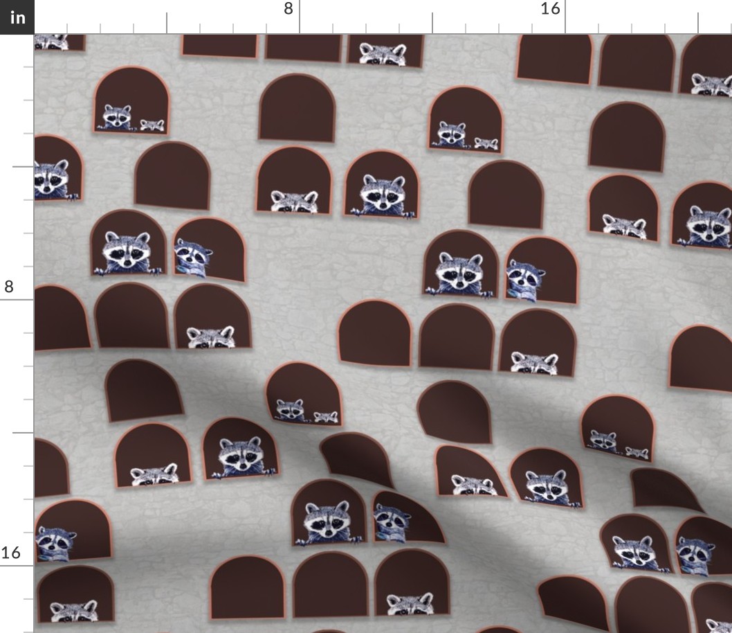 Cute Peekaboo Raccoons in Sand Grey