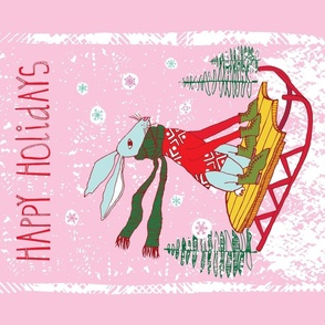 Christmas Hare Tea Towel or Wall-hanging Pink and Green
