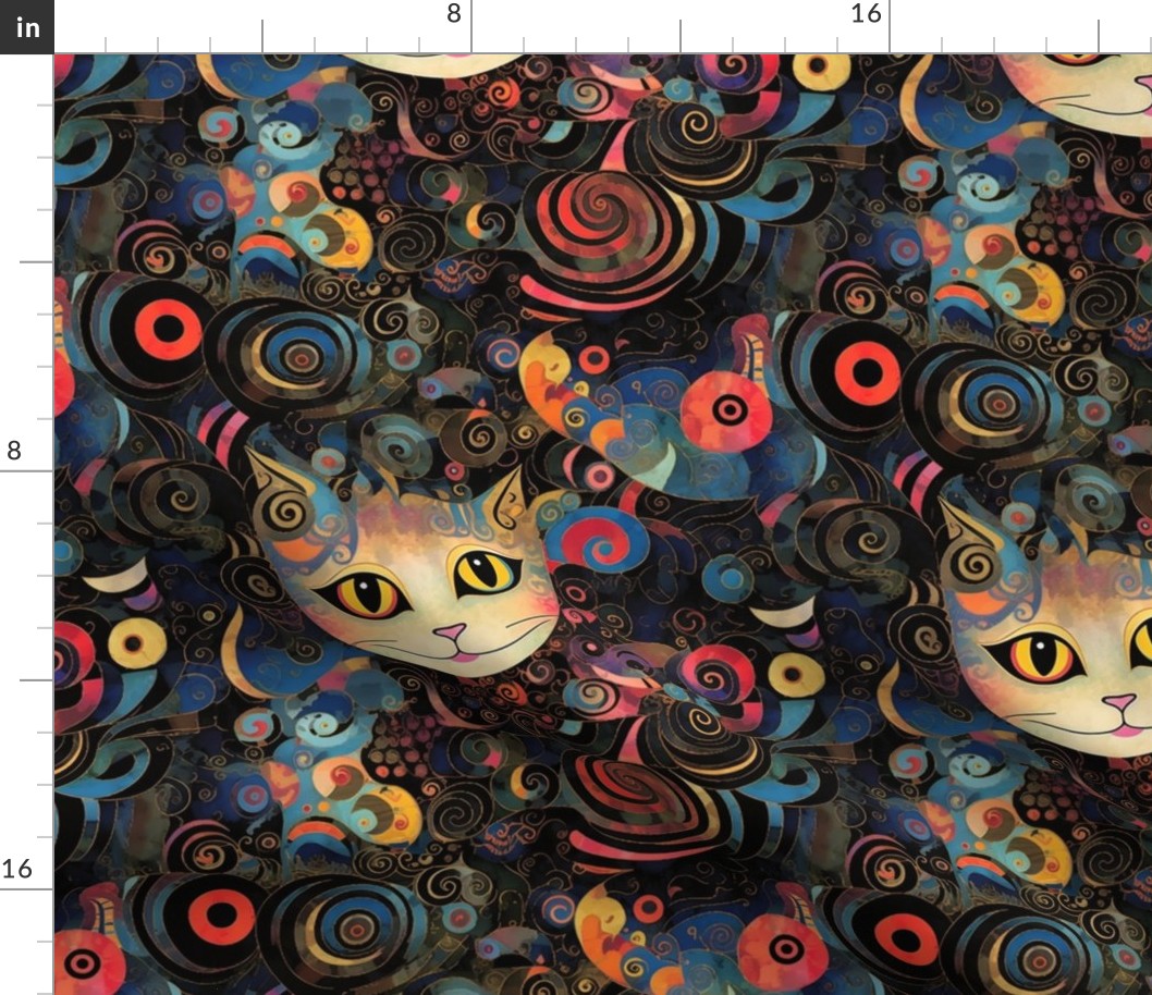 red geometric spirals and the wonderland cheshire cat inspire by gustav klimt