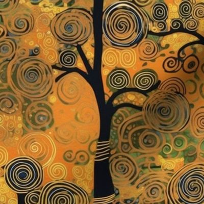 gold and black spiral tree art nouveau landscape inspired by gustav klimt