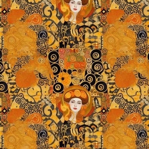 black and gold spiral art nouveau portrait of a victorian lady inspired by gustav klimt