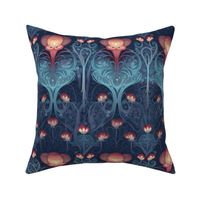 art nouveau abstract valentine in aqua blue and red orange